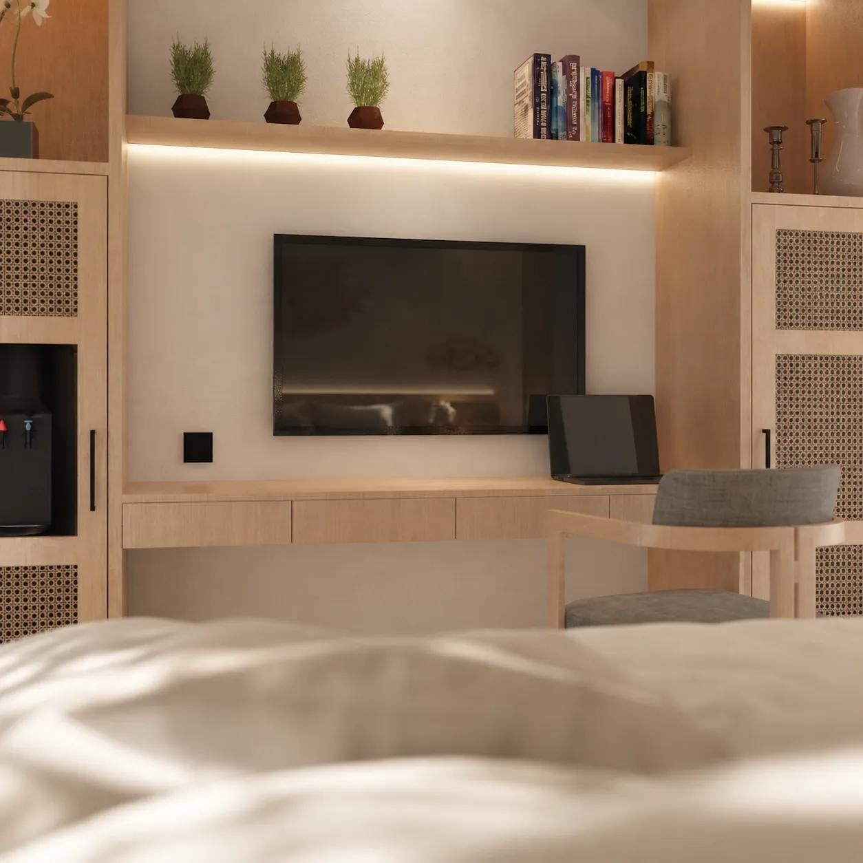 Built-in desk and media wall in a HAVN studio